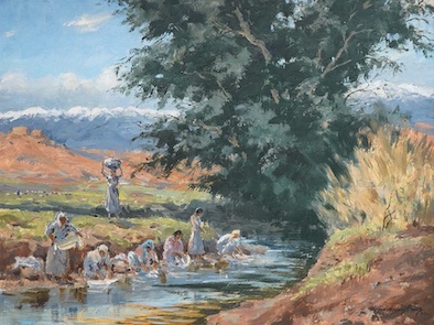 Victor Coverley- Price (1901-1988), Washerwomen, signed and dated 1971, oil on board, 34 x 44cm, ornate frame